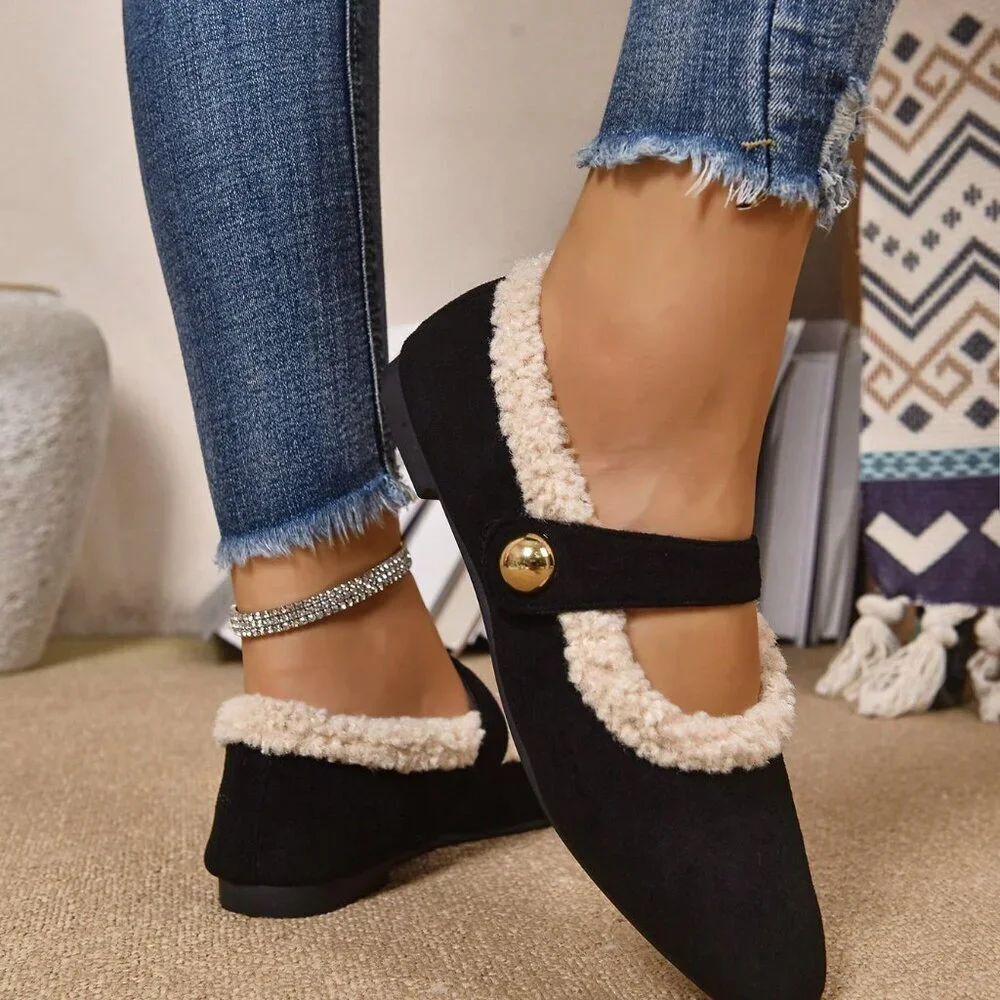 Black Elegant Women's Plus-Size Warm Thermal Lined Flat Shoes with Metal Buckle